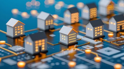 Miniature houses connected on a digital circuit board with glowing lights