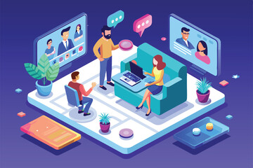 A group interacts through a customizable video call setup, emphasizing collaboration and communication, Video call Customizable Isometric Illustration