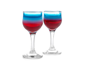 Layered cocktails in colors of American flag isolated on white