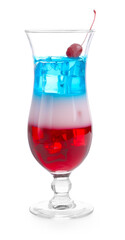 Layered cocktail in colors of American flag with ice and cherry isolated on white
