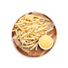 Tasty cheese dipping sauce in bowl and French fries isolated on white, top view