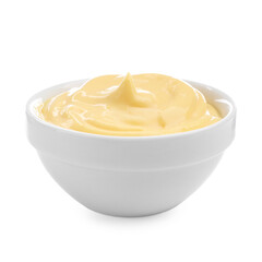 Tasty cheese dipping sauce in bowl isolated on white