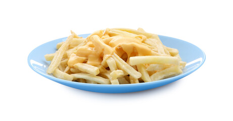 French fries with tasty cheese sauce isolated on white