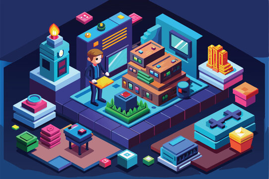 A developer engages with a vibrant isometric environment filled with interactive game elements, Video game developer Customizable Isometric Illustration