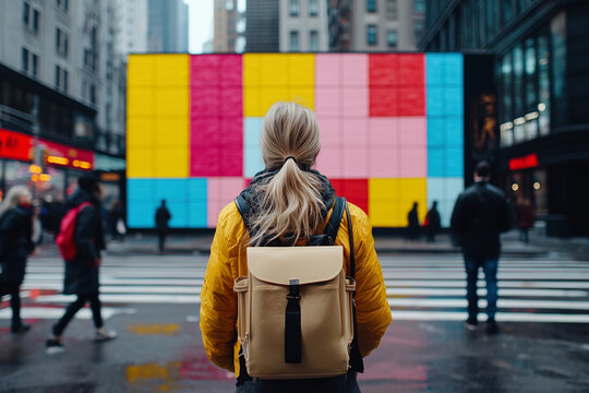 Woman with backpack walking in the city, enjoying urban art and architecture. A vibrant lifestyle photo.