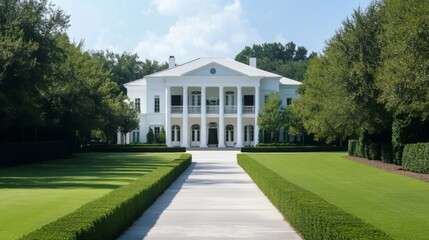 White Grand Mansion with Columns and Lush Green Lawns