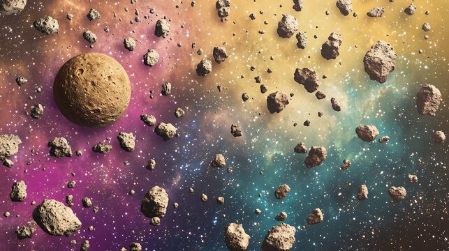 Top down perspective of vast asteroid belt orbiting a distant planet on a colored cosmic themed background
