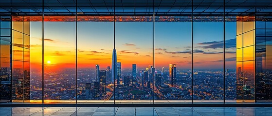 Stunning sunset cityscape viewed from a modern building's panoramic window.  Golden hour light bathes the urban skyline