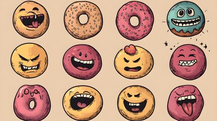 Obraz premium Hand Drawn Donuts with Various Emotions: Colorful Vector Illustration