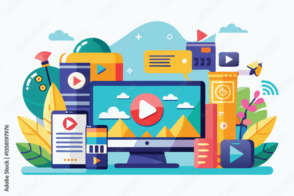 Poster a lively design featuring multiple devices displaying video content amidst colorful backgrounds and 