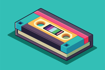 A vibrant isometric illustration showcases a customizable vintage videotape resting on a bright background, Videotape Customizable Isometric Illustration
