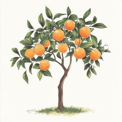 Watercolor Illustration of an Orange Tree with Ripe Fruit