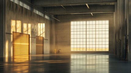Spacious Warehouse Interior with Sunlight Streaming Through Large Window