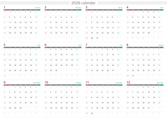 2026年 メモスペースのあるシンプルなカレンダー 12ヶ月一覧　日本の祝祭日対応