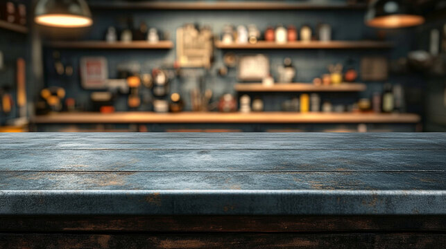 Rough metal workshop desk on a blurred garage backdrop, symbolizing industrial creativity and craftsmanship with ample copy space for modern design themes