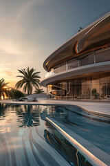Fototapeta premium A stunning luxury villa with a contemporary design, surrounded by a serene pool and lush palm trees, under a breathtaking sunset sky, showcasing elegance and a tranquil atmosphere.