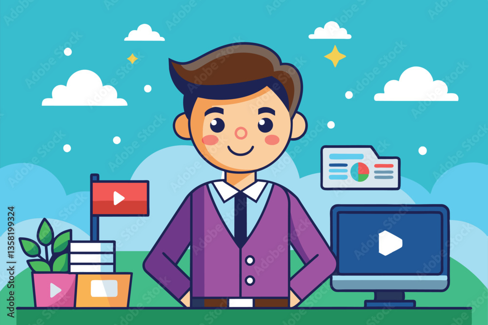 Poster a cheerful character stands beside a computer, focused on customizable video upload options in a bri