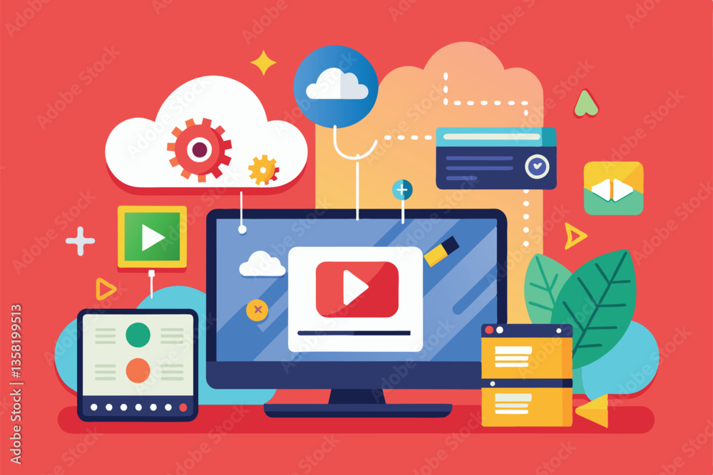 Poster a digital layout showcases a customizable interface for video uploads with vibrant graphics and tool