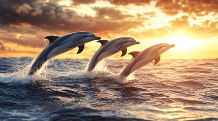 Fototapeta premium Joyful Dolphins Leaping Gracefully Through Waves at Sunrise