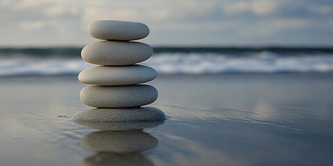 serene beach scene with smooth rocks stacked in a balanced formation, symbolizing harmony, mindfulness, and peace. The tranquil setting evokes a sense of Zen and inner balance in nature