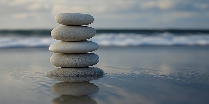 serene beach scene with smooth rocks stacked in a balanced formation, symbolizing harmony, mindfulness, and peace. The tranquil setting evokes a sense of Zen and inner balance in nature