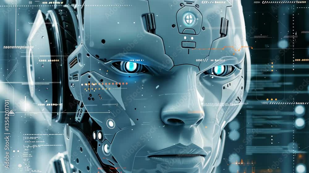 Poster closeup portrait of a high-tech robot showcasing advanced features and digital interfaces in a futur