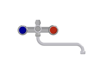 Vector illustration of a metal faucet with blue and red color indicators. The faucet is designed for controlling hot and cold water flow.