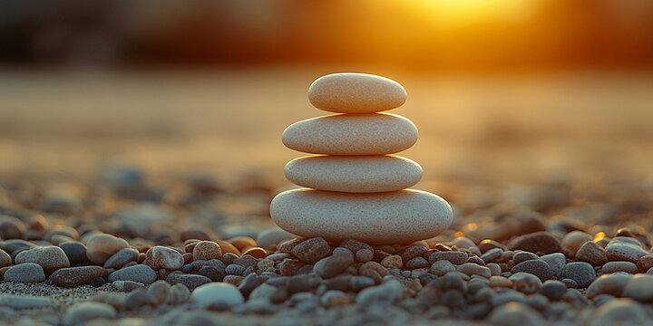 serene beach scene with smooth rocks stacked in a balanced formation, symbolizing harmony, mindfulness, and peace. The tranquil setting evokes a sense of Zen and inner balance in nature