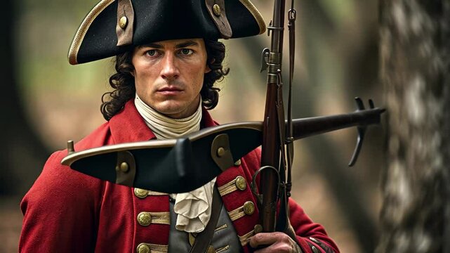 A redcoat soldier stands ready for battle in the forest at dawn, gripping his musket and gazing intently, prepared to engage in the conflict of the time