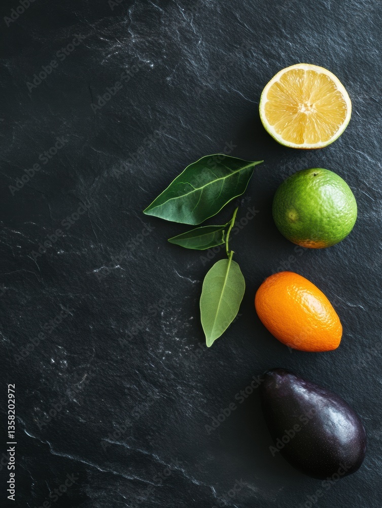 Aufkleber Premium organic vegetables arranged artistically on dark slate background with rich textures and soft shadows enhancing farm-to-table appeal Generative AI