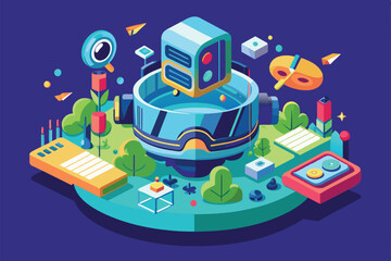 Explore a vibrant VR world with customizable features and interactive objects for creativity, Virtual reality Customizable Semi Flat Illustration