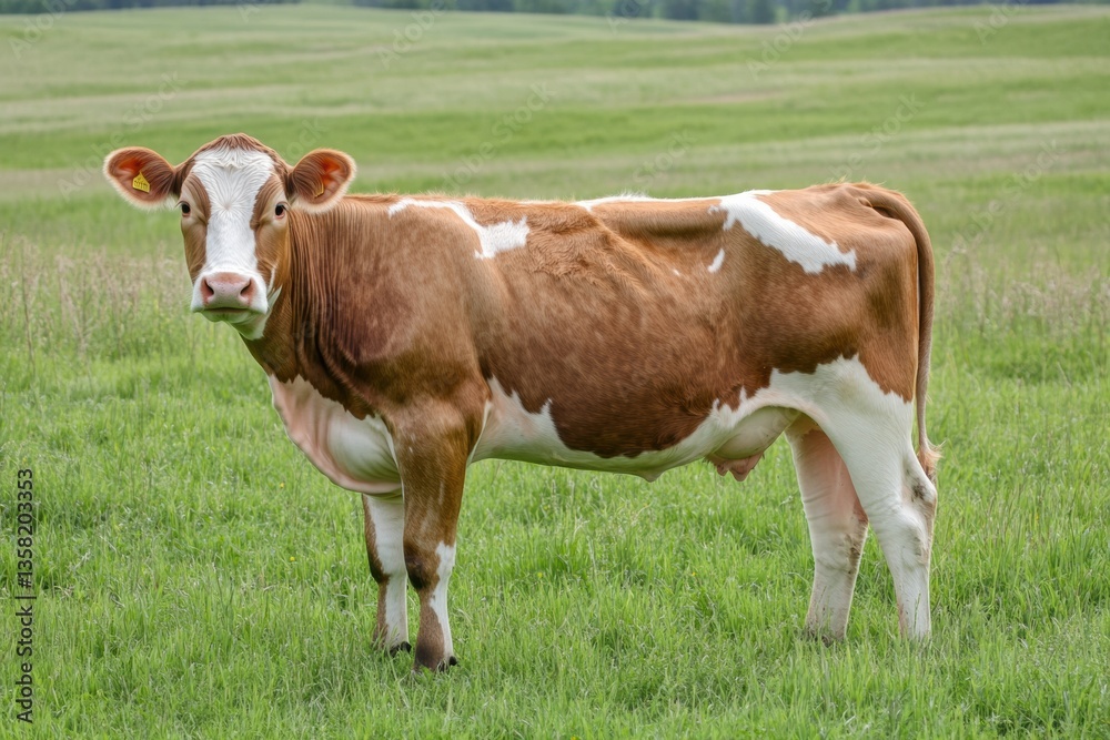 Poster peaceful dairy cow standing in a lush green meadow during golden hour in soft sunlight with a clean 