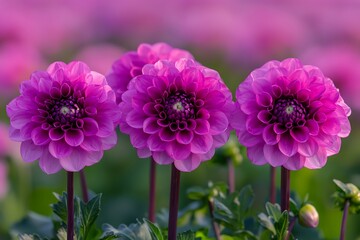 Pink Dahlias Bloom in Field.