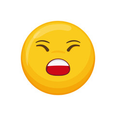 Vector illustration of a yellow emoticon with an annoyed expression, curved eyebrows and an open mouth.