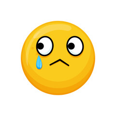 Vector illustration of a yellow emoticon with a crying expression, a tear and a downturned mouth.