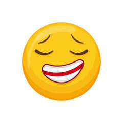 Fototapeta premium Vector illustration of a yellow emoticon with a relieved expression, closed eyes and a smiling mouth.