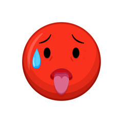 Obraz premium Vector illustration of a red emoticon with a hot expression, sweat drop and tongue out.