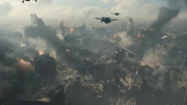 A aerial view captures an expansive war zone with multiple energy shield blockades strategically positioned a the ruins of a futuristic cityscape as drones buzz overhead surveying the