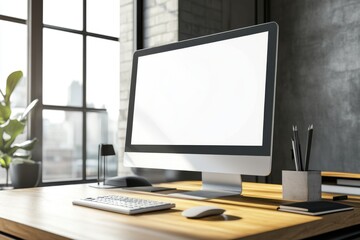 Fototapeta premium a computer with a blank white screen on a wooden desk in a modern office interior mock-up. Space for text, banner design, or copy space concept