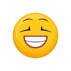 Vector illustration of a yellow emoticon with a laughing expression, closed eyes and wide smile.
