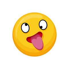 Vector illustration of a yellow emoticon with a goofy expression, tongue out and large eyes.