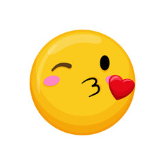 Vector illustration of a yellow emoticon with a kissing expression, wink and a heart.