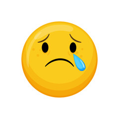 Vector illustration of a yellow emoticon with a sad expression, a tear and downturned mouth.