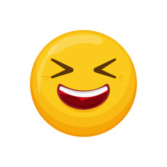 Vector illustration of a yellow emoticon with a laughing expression and angled eyes.