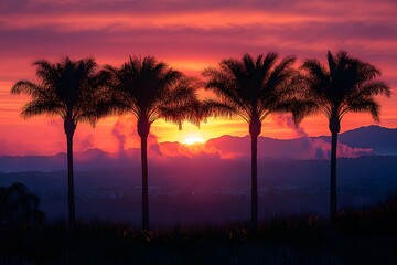 Obraz premium Iconic palm trees silhouetted against an orange sunset with smoke rising from the hills,