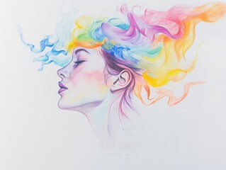 A beautiful drawing of an attractive woman with colorful smoke emanating from her head, set against a white background