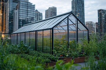 Obraz premium A Vibrant Urban Greenhouse Amidst Skyscrapers and Modern Architecture