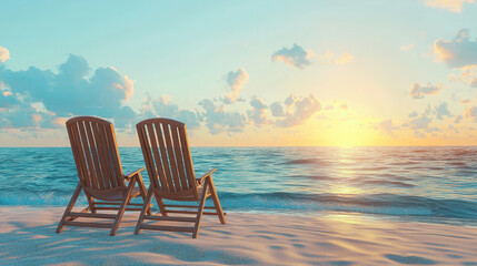 A Two wooden lounge chairs on sandy beach facing serene ocean at sunset, evoking relaxation and tranquility, perfect for retirement lifestyle