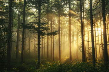 Naklejka premium A serene forest scene with sunlight streaming through tall trees, creating misty and tranquil atmosphere in lush greenery