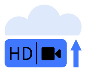 Cloud icon with HD video symbol and arrow signifying content upload. Ideal for online storage, media sharing, cloud computing, data backup, video streaming, technology, remote accessibility. Flat
